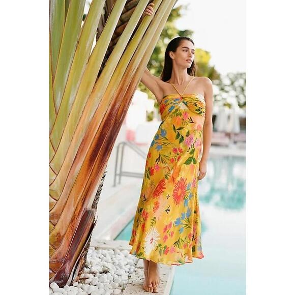 Anthropologie Halter Floral Midi Slip Dress Sleeveless Women's Size XL Yellow - Picture 2 of 5